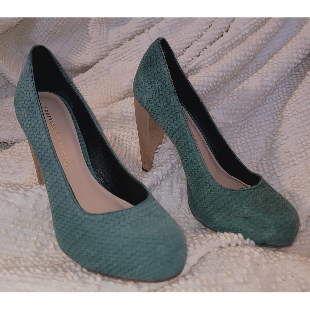 Loeffler Randall Esther Blue Teal Braided Suede‎ Wooden Heels Sz 6B MSRP $450